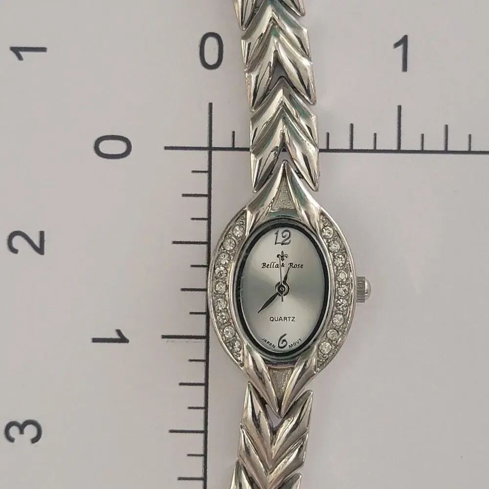 Bella & Rose Womens Watch Oval Silver Case Silver Dial Stainless Bracelet Quartz
